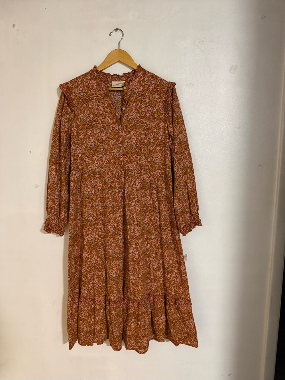Long Sleeve Rust Floral Tiered Midi Dress